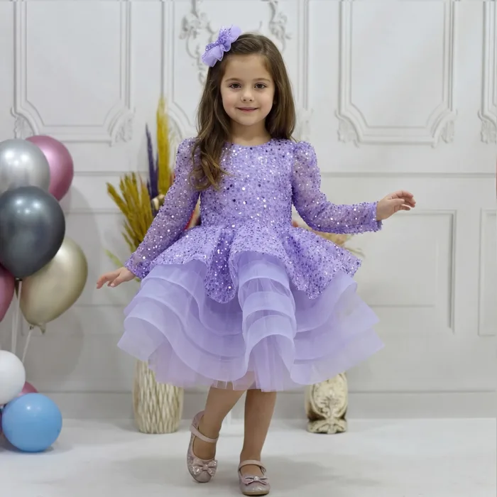 Kız Çocuk Lila Boncuklu Payetli Kabarık Elbise