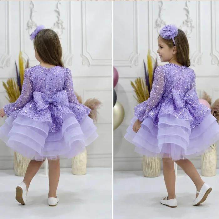 Kız Çocuk Lila Boncuklu Payetli Kabarık Elbise