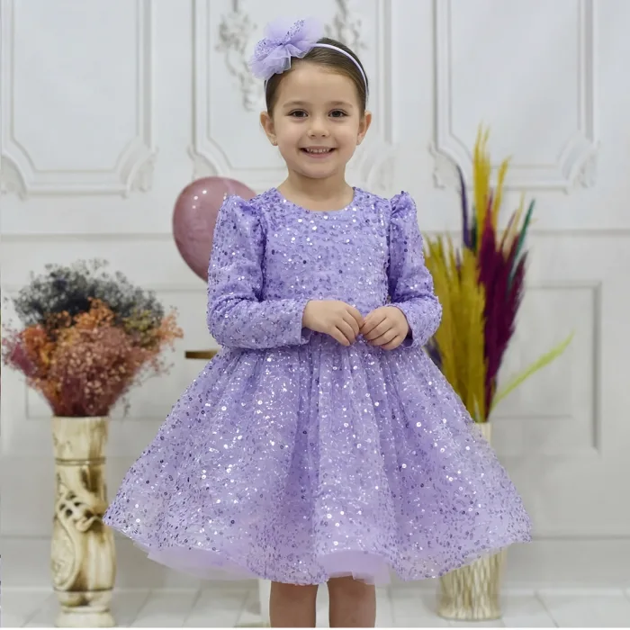 Kız Çocuk Lila Boncuklu Payetli Kabarık Elbise Uzun Kol