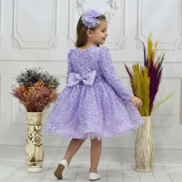 Kız Çocuk Lila Boncuklu Payetli Kabarık Elbise Uzun Kol