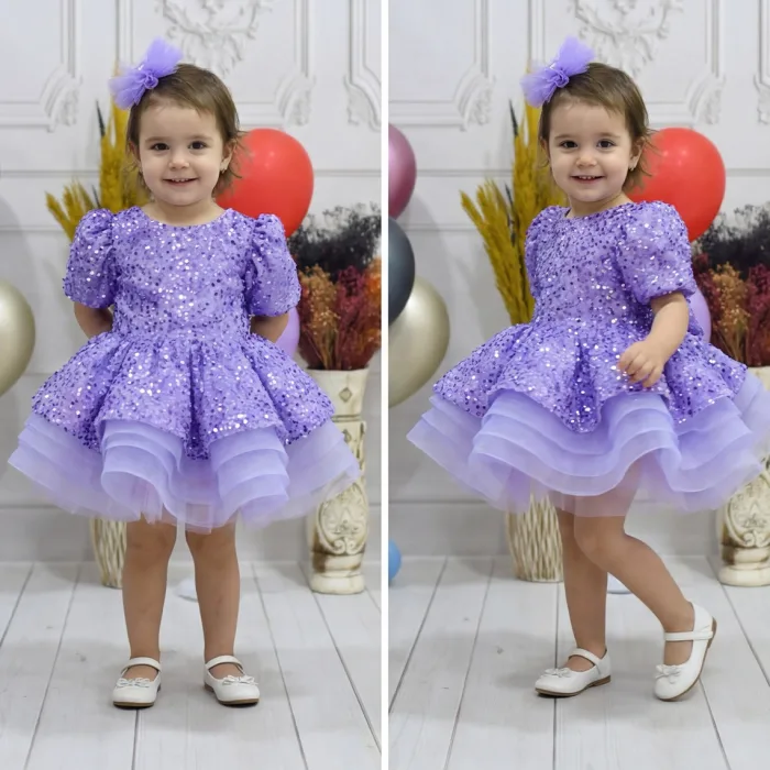 Kız Çocuk Lila Boncuklu Payetli Kısa Kol Kabarık Elbise