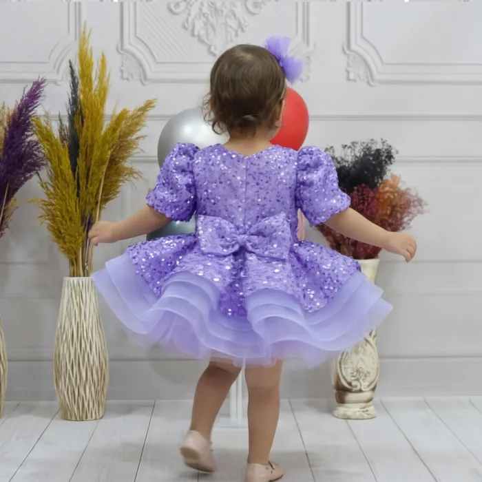 Kız Çocuk Lila Boncuklu Payetli Kısa Kol Kabarık Elbise