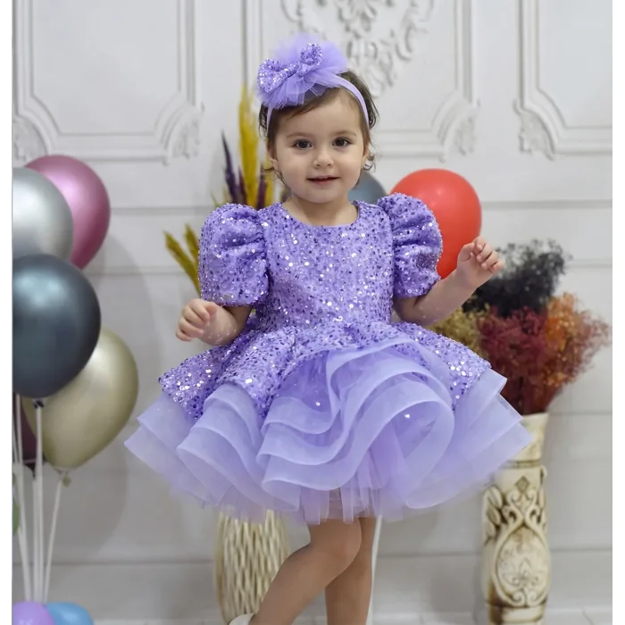 Kız Çocuk Lila Boncuklu Payetli Kısa Kol Kabarık Elbise