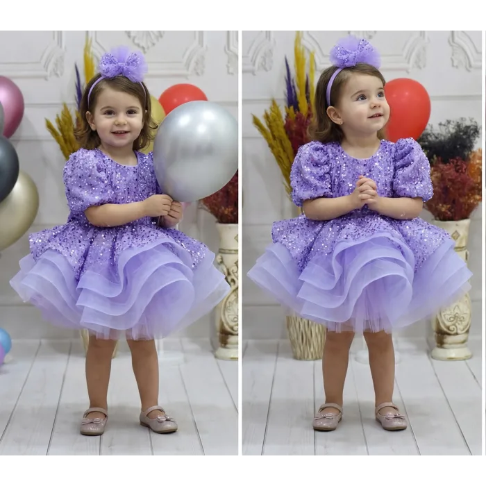 Kız Çocuk Lila Boncuklu Payetli Kısa Kol Kabarık Elbise