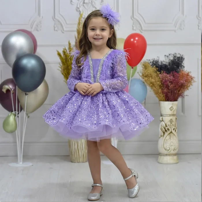 Kız Çocuk Lila Boncuklu Payetli Yakası Taş İşlemeli Dekolteli Kabarık Elbise