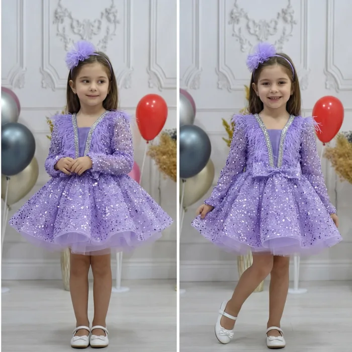 Kız Çocuk Lila Boncuklu Payetli Yakası Taş İşlemeli Dekolteli Kabarık Elbise