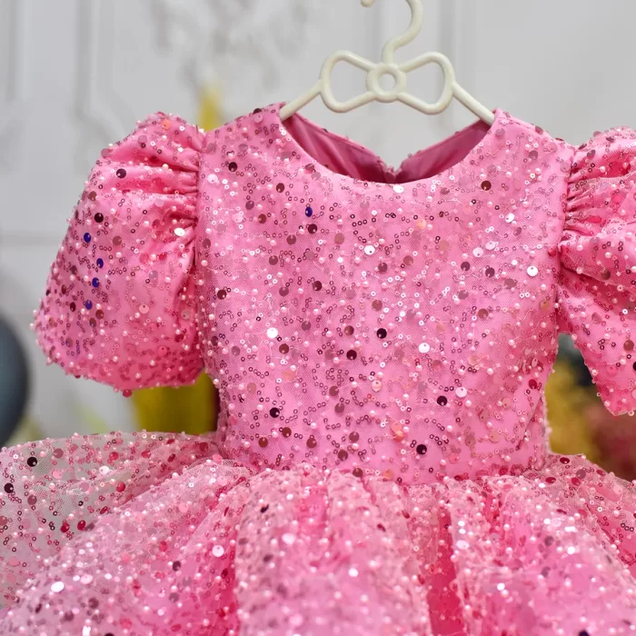 Kız Çocuk Pembe Boncuklu Payetli Kabarık Kısa Balon Kol Elbise