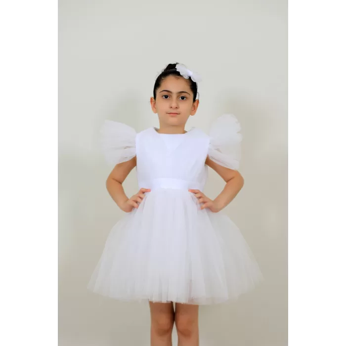 Kız Çocuk Çapraz Büzgülü Fırfır Kollu Kabarık Parıltılı Elbise