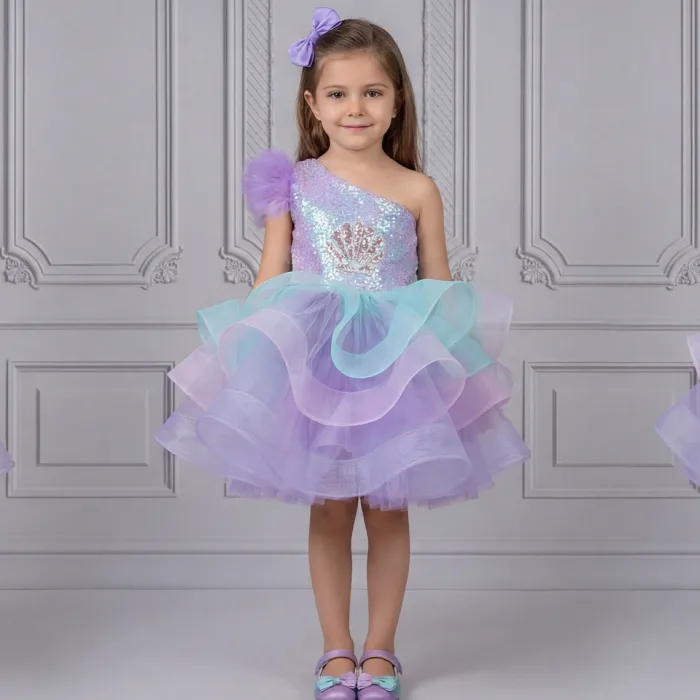 Kız Çocuk Lila Deniz Konsepti Deniz Kabuğu Figür İşlemeli Tek Omuz Kabarık Gelinlik Elbise