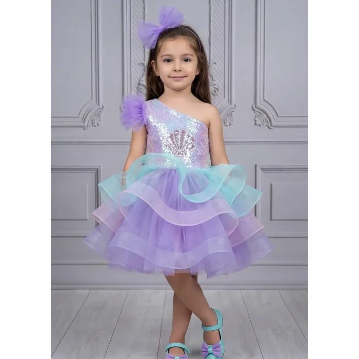 Kız Çocuk Lila Deniz Konsepti Deniz Kabuğu Figür İşlemeli Tek Omuz Kabarık Gelinlik Elbise