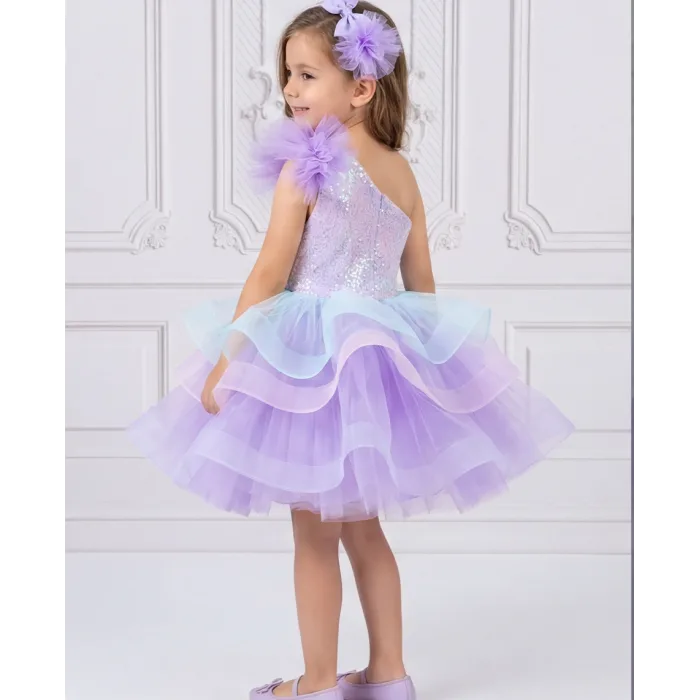 Kız Çocuk Lila Deniz Konsepti Deniz Kabuğu Figür İşlemeli Tek Omuz Kabarık Gelinlik Elbise