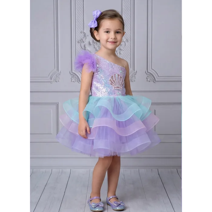 Kız Çocuk Lila Deniz Konsepti Deniz Kabuğu Figür İşlemeli Tek Omuz Kabarık Gelinlik Elbise