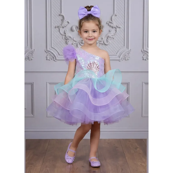 Kız Çocuk Lila Deniz Konsepti Deniz Kabuğu Figür İşlemeli Tek Omuz Kabarık Gelinlik Elbise