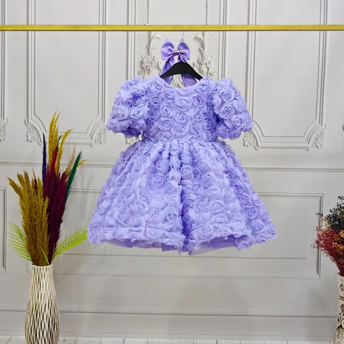 Kız Çocuk Lila Gül Desenli Kısa Balon Kol Arka V Kabarık Elbise