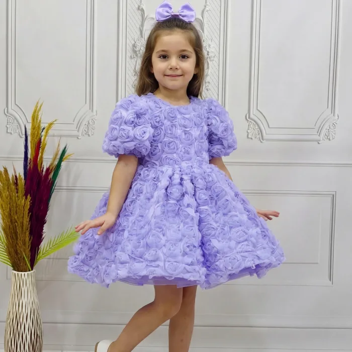 Kız Çocuk Lila Gül Desenli Kısa Balon Kol Arka V Kabarık Elbise