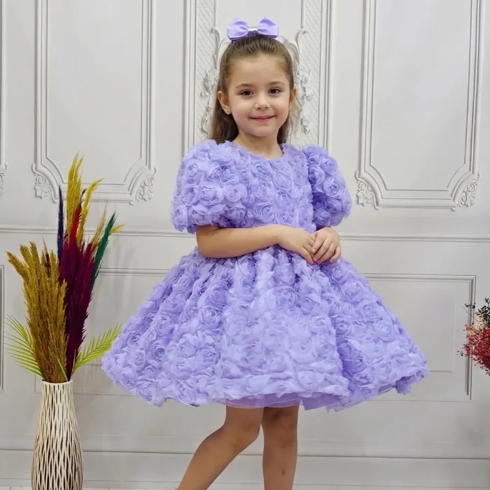 Kız Çocuk Lila Gül Desenli Kısa Balon Kol Arka V Kabarık Elbise