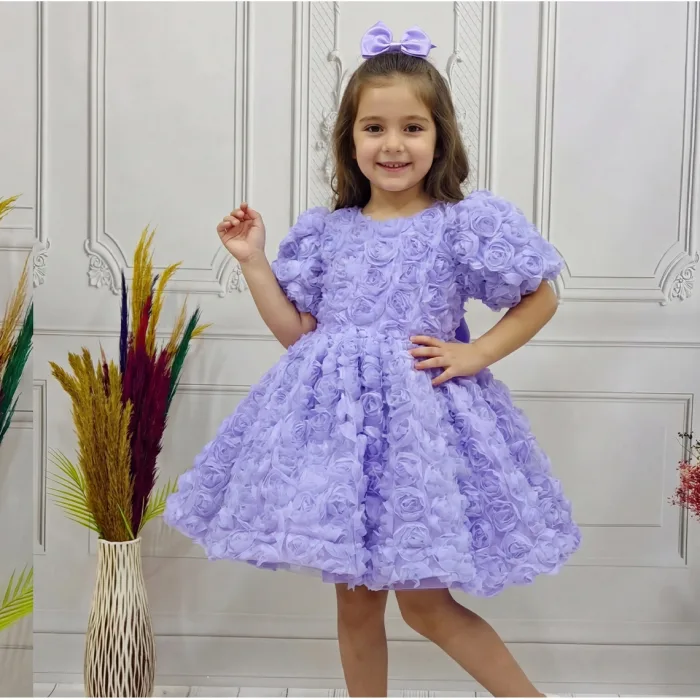 Kız Çocuk Lila Gül Desenli Kısa Balon Kol Arka V Kabarık Elbise