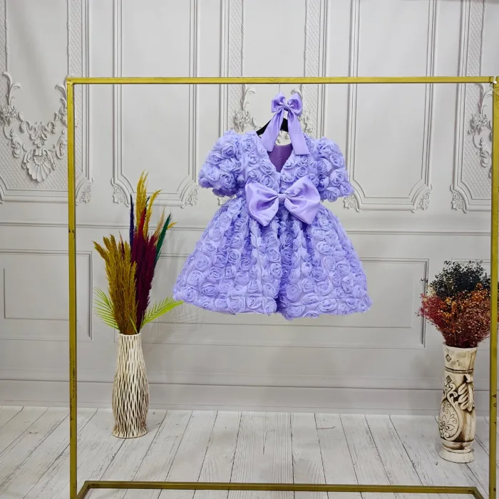 Kız Çocuk Lila Gül Desenli Kısa Balon Kol Arka V Kabarık Elbise