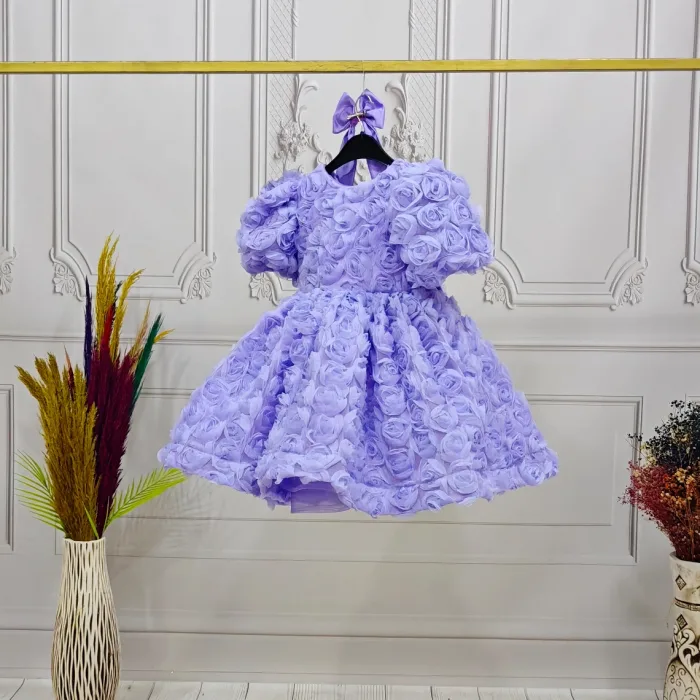 Kız Çocuk Lila Gül Desenli Kısa Balon Kol Arka V Kabarık Elbise