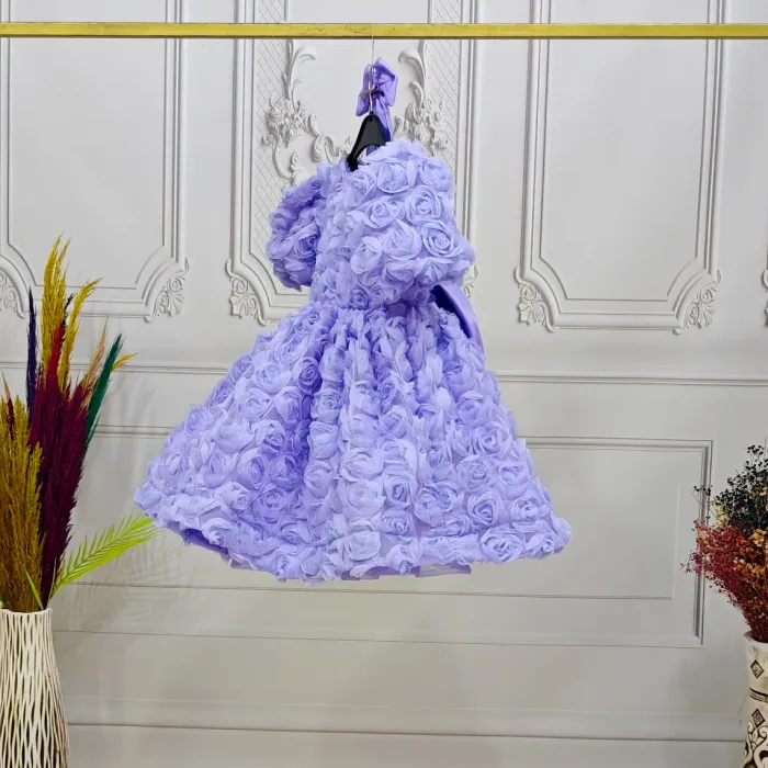 Kız Çocuk Lila Gül Desenli Kısa Balon Kol Arka V Kabarık Elbise