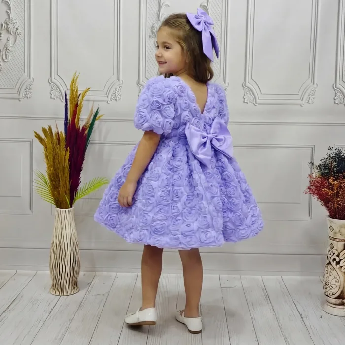 Kız Çocuk Lila Gül Desenli Kısa Balon Kol Arka V Kabarık Elbise