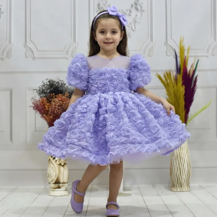 Kız Çocuk Lila Gül Desenli Kısa Balon Kol Kabarık Elbise
