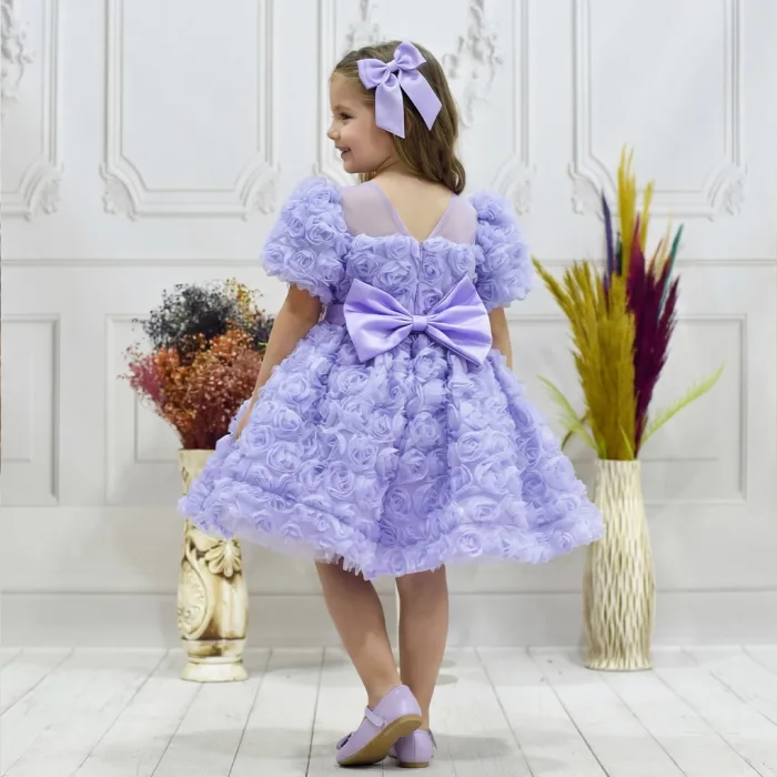 Kız Çocuk Lila Gül Desenli Kısa Balon Kol Kabarık Elbise