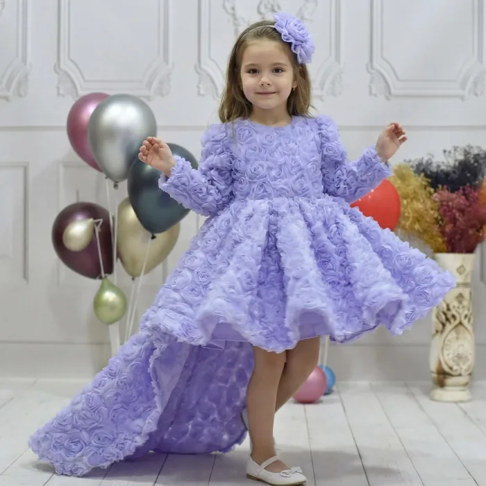 Kız Çocuk Lila Gül Desenli Kuyruklu Elbise Abiye