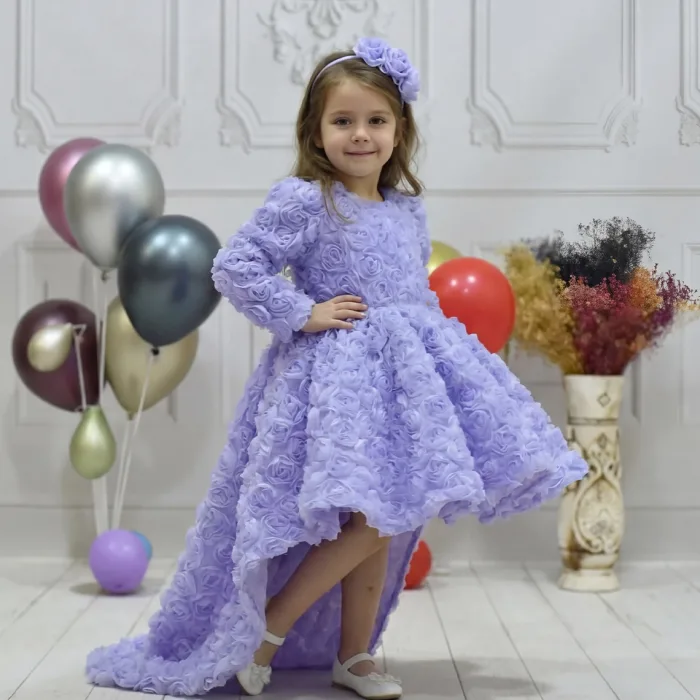 Kız Çocuk Lila Gül Desenli Kuyruklu Elbise Abiye