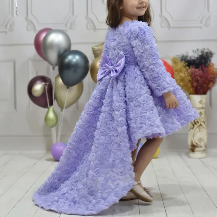 Kız Çocuk Lila Gül Desenli Kuyruklu Elbise Abiye