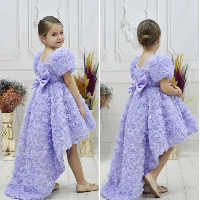 Kız Çocuk Lila Gül Desenli Kuyruklu Kısa Balon Kol Ön Şeffaf Elbise Abiye