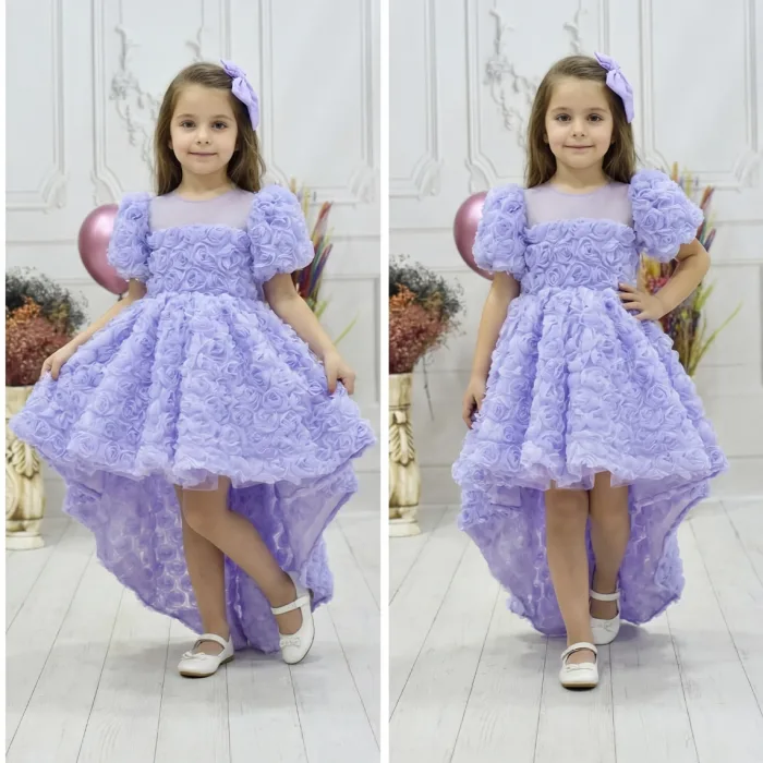 Kız Çocuk Lila Gül Desenli Kuyruklu Kısa Balon Kol Ön Şeffaf Elbise Abiye