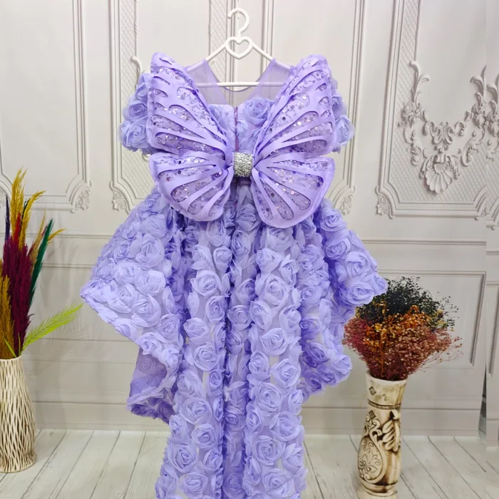 Lila Gül Desenli Kuyruklu+Kelebek set  Kısa Balon Kol Ön Şeffaf Elbise Abiye
