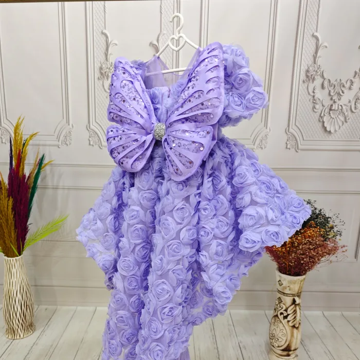 Lila Gül Desenli Kuyruklu+Kelebek set  Kısa Balon Kol Ön Şeffaf Elbise Abiye