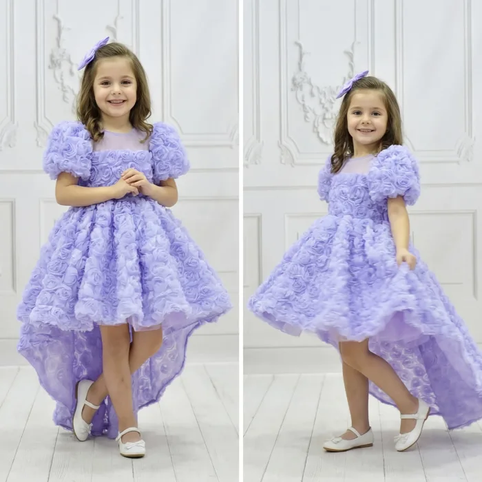 Kız Çocuk Lila Gül Desenli Kuyruklu Kısa Balon Kol Ön Şeffaf Elbise Abiye
