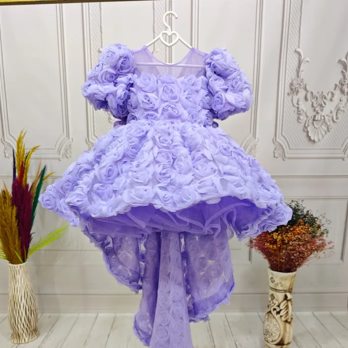 Lila Gül Desenli Kuyruklu+Kelebek set  Kısa Balon Kol Ön Şeffaf Elbise Abiye