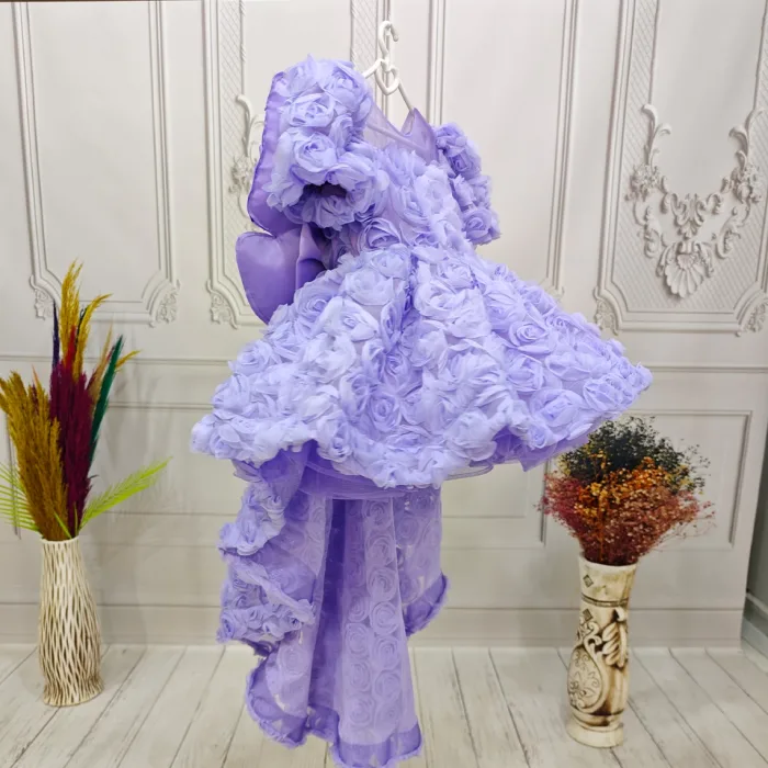 Lila Gül Desenli Kuyruklu+Kelebek set  Kısa Balon Kol Ön Şeffaf Elbise Abiye