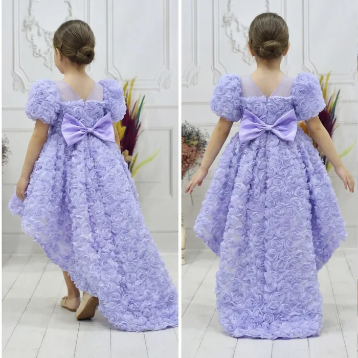 Kız Çocuk Lila Gül Desenli Kuyruklu Kısa Balon Kol Ön Şeffaf Elbise Abiye
