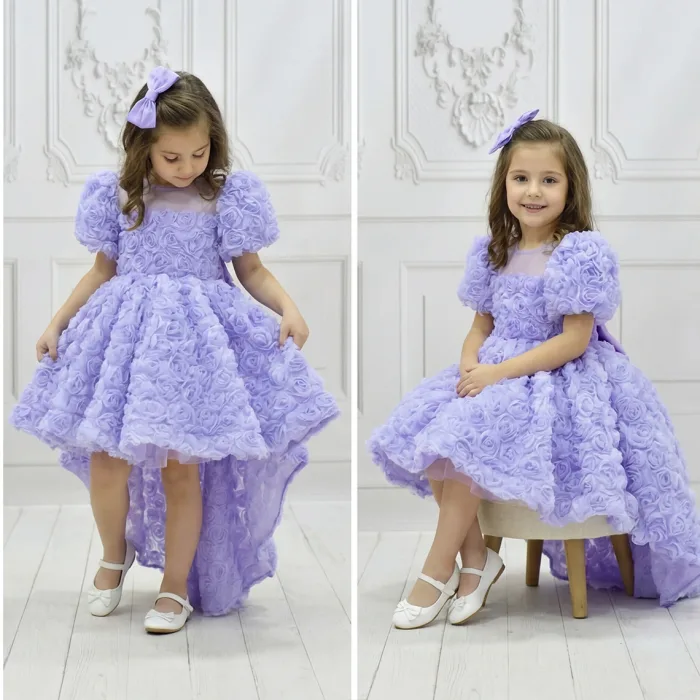 Kız Çocuk Lila Gül Desenli Kuyruklu Kısa Balon Kol Ön Şeffaf Elbise Abiye