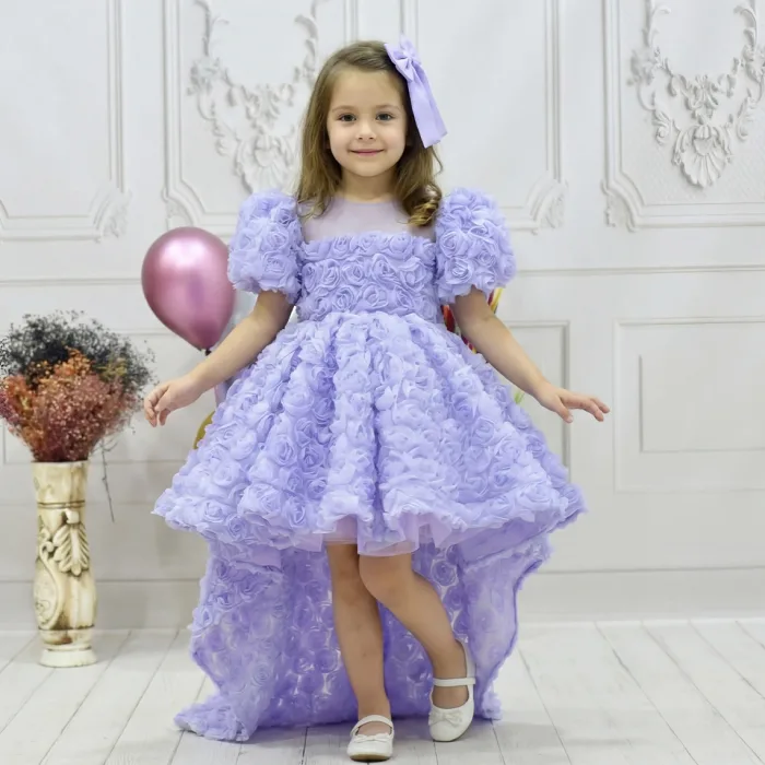 Kız Çocuk Lila Gül Desenli Kuyruklu Kısa Balon Kol Ön Şeffaf Elbise Abiye