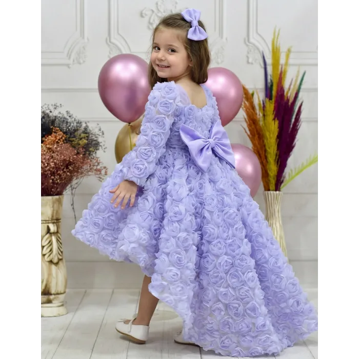 Kız Çocuk Lila Gül Desenli Kuyruklu Uzun Kol Ön Şeffaf Elbise Abiye