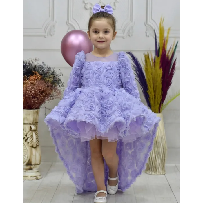 Kız Çocuk Lila Gül Desenli Kuyruklu Uzun Kol Ön Şeffaf Elbise Abiye
