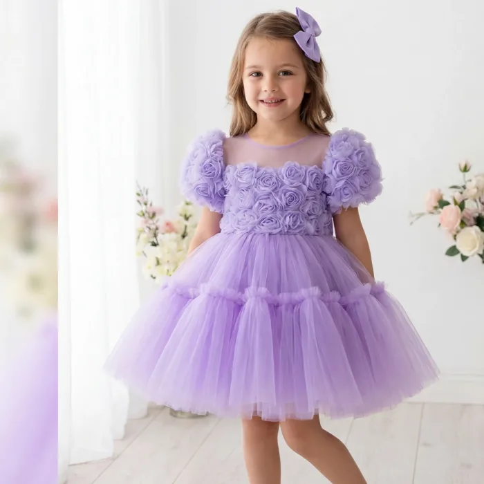 Kız Çocuk Lila Gül desenli Ön Şeffaf kısa balon kol