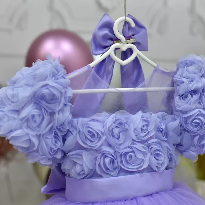 Kız Çocuk Lila Gül desenli Ön Şeffaf kısa balon kol