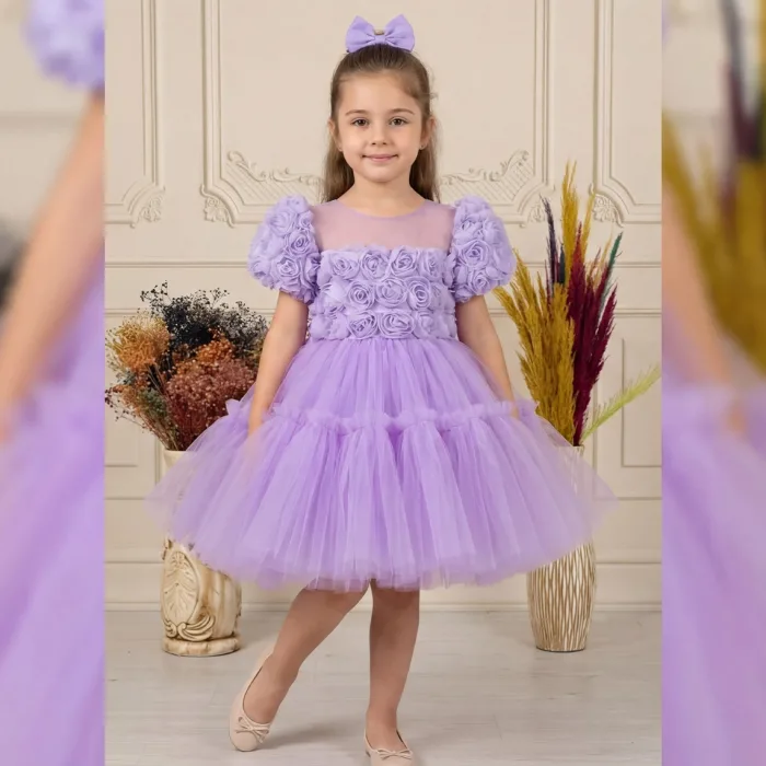 Kız Çocuk Lila Gül desenli Ön Şeffaf kısa balon kol