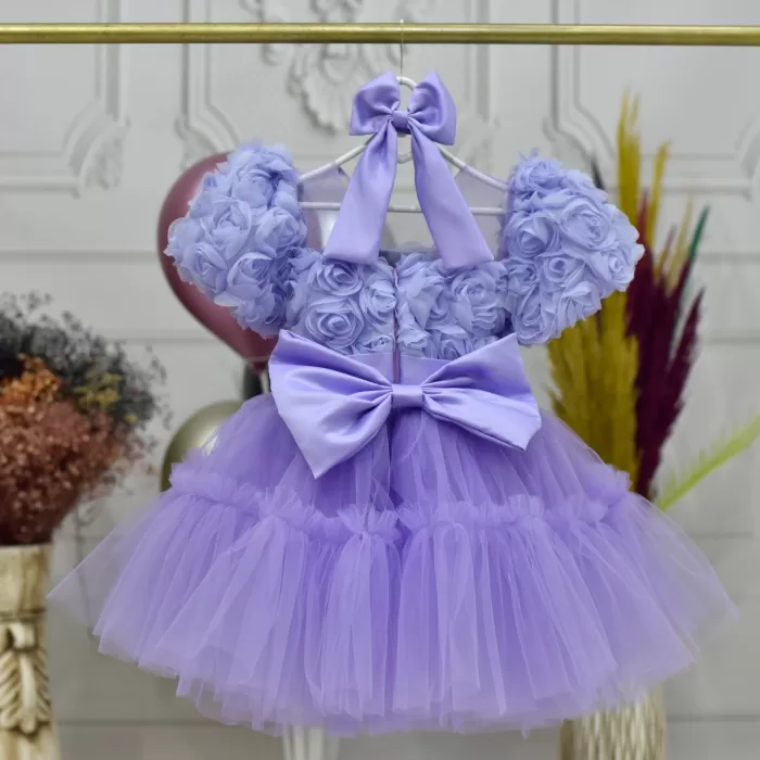 Kız Çocuk Lila Gül desenli Ön Şeffaf kısa balon kol