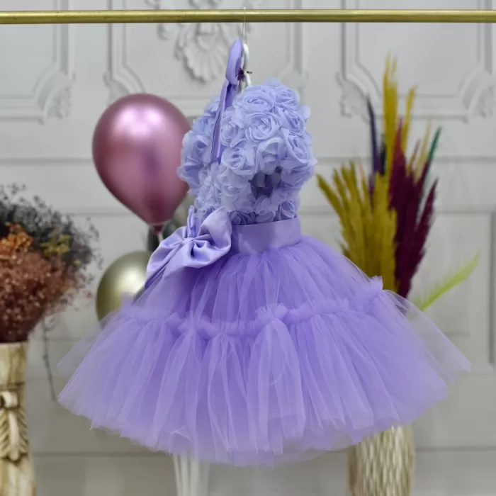 Kız Çocuk Lila Gül desenli Ön Şeffaf kısa balon kol