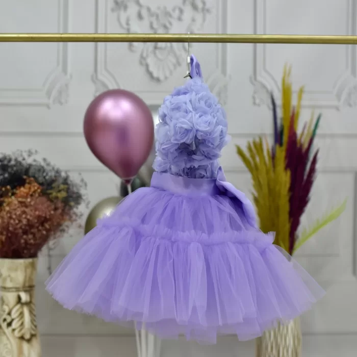 Kız Çocuk Lila Gül desenli Ön Şeffaf kısa balon kol