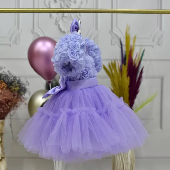 Kız Çocuk Lila Gül desenli Ön Şeffaf kısa balon kol