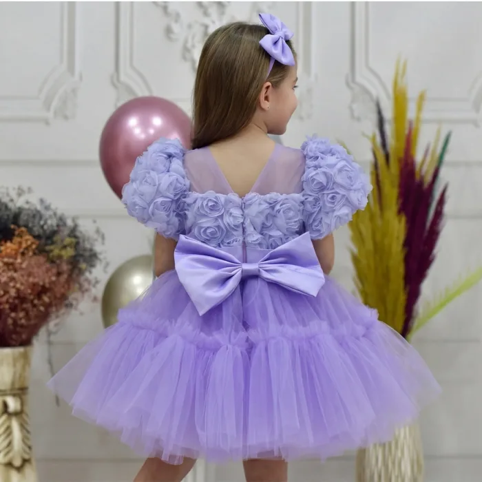 Kız Çocuk Lila Gül desenli Ön Şeffaf kısa balon kol